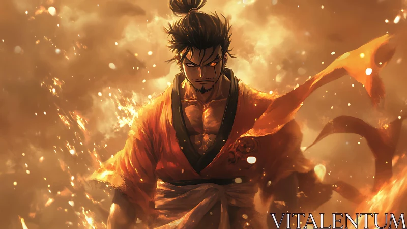 Male anime fighter in orange robe amid stylized flames.