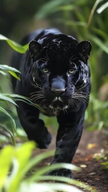 Black Panther Emerges Through Jungle Foliage with Piercing Gaze