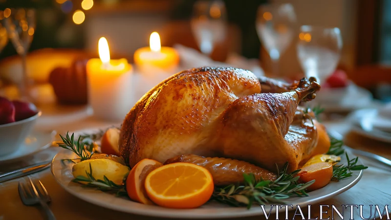 Roast turkey glows under candlelit holiday dinner setting.