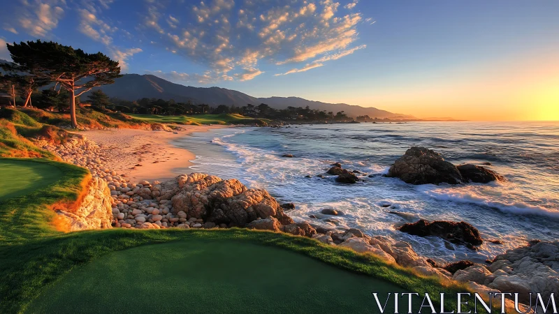 Golden hour coastline beside sculpted golf greens.