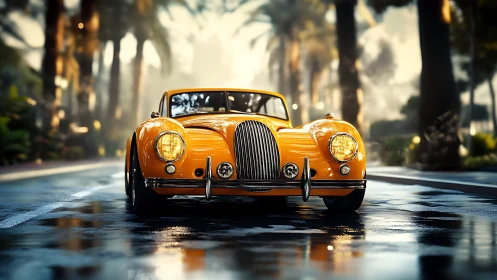Vintage orange roadster under palm-lined boulevard light.