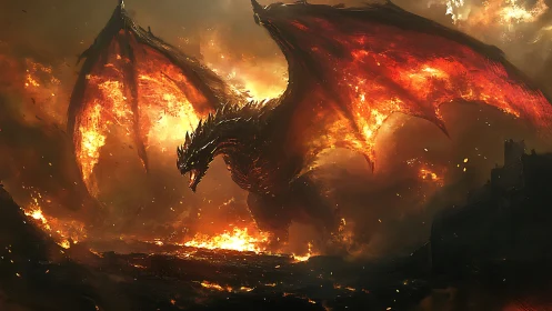 Volcanic inferno dragon with incandescent wings over ruins