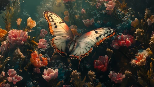 Gentle butterfly drifting through a dreamlit flower meadow.