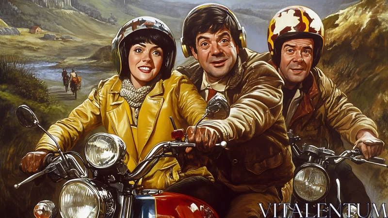 Joyriding trio rockets through rustic valley on motorbikes.