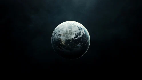 Earth sphere suspended in deep cosmic darkness.