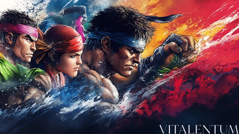 Color-swept street fighters charging through waves of energy.
