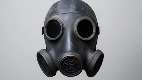 Stark gray gas mask floating in calm empty space.