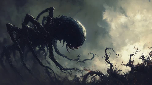 Colossal shadow arachnid looming over burning wasteland.