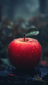 Dew‑kissed red apple glows softly against a moody forest blur