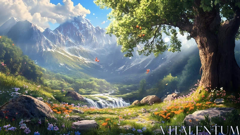 Digital painting of alpine meadow, waterfall, and old oak tree.
