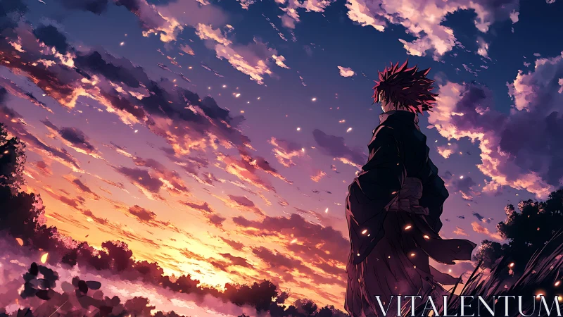 Warrior silhouette studies burning clouds at vivid sunset