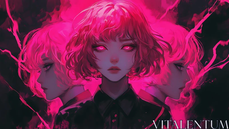 Triadic pink-haired figure with glowing eyes in neon field.