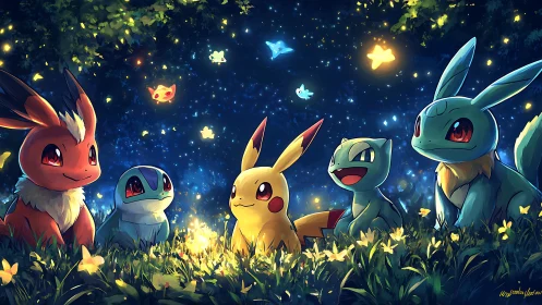 Pokemon characters in a night forest with glowing lights.