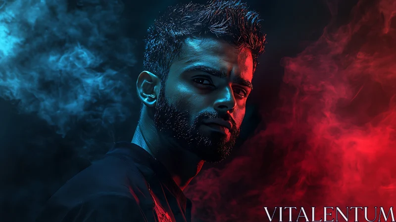 Male portrait uses dual-color smoke lighting in dark environment