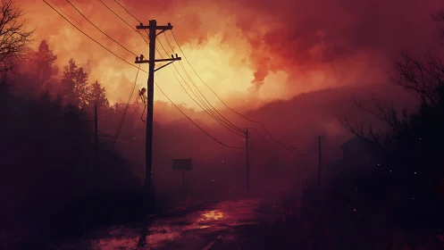 Apocalyptic Infrastructure: Utility Poles Against Burning Landscape
