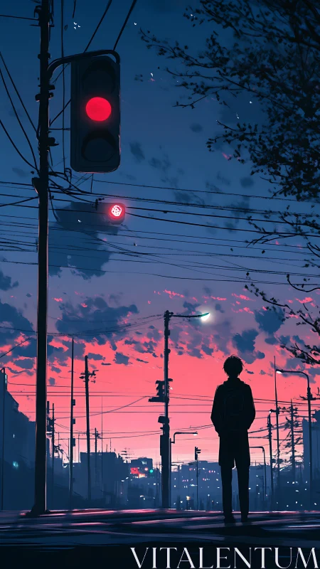 Silhouetted person waits at red traffic light at dusk