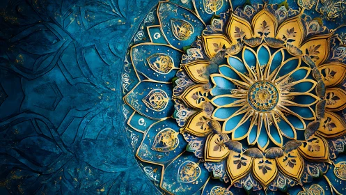 Ornate teal and gold mandala rosette with layered relief petals.