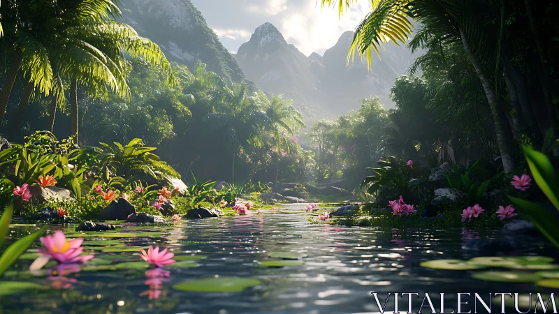 High-detail tropical river valley with volumetric light and flora