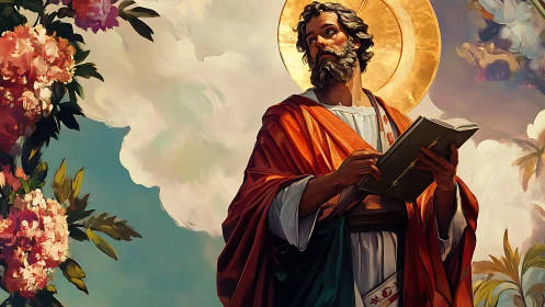Saintly figure contemplates scripture beneath radiant skies