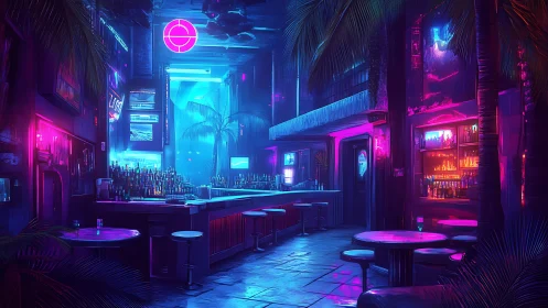 Neon-soaked tropical bar interior under cyberpunk glow.