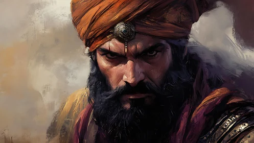 Warrior in orange turban stares forward with intense resolve