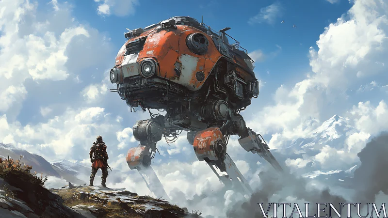 Colossal bipedal mech confronts lone explorer in alpine clouds