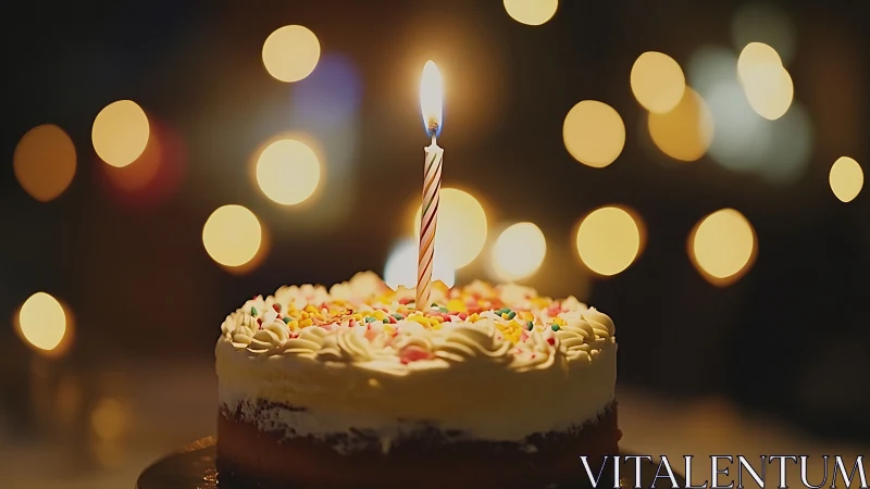 Cream Frosted Birthday Cake with Lit Spiral Candle Amid Bokeh Lighting