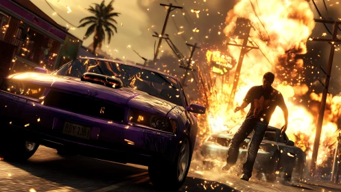 Urban Chase Through Inferno: Intense Action Scene with Explosions