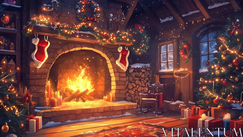Christmas fireplace interior glows with warm festive lighting