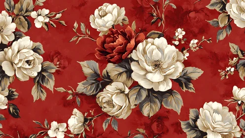 Vintage Roses Bloom on Crimson: Classic Floral Damask Pattern