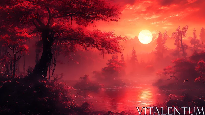 Glowing crimson forest river at sunset welcoming quiet wonder.