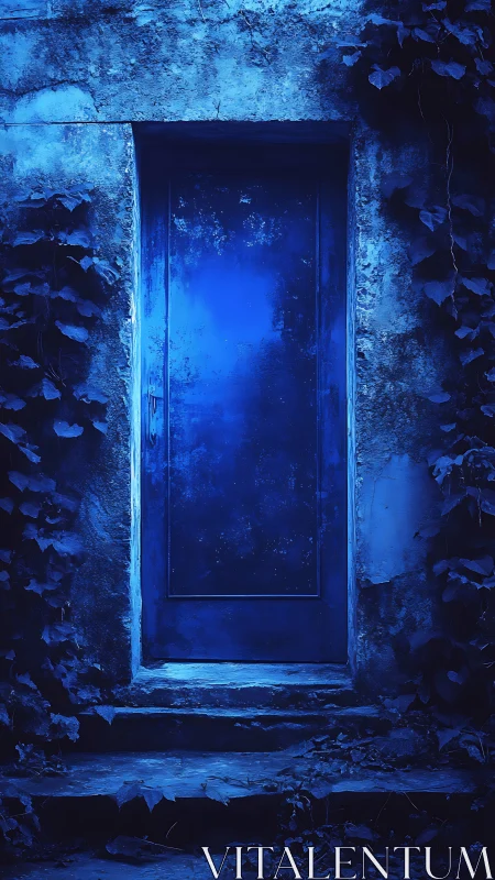 Nocturnal blue doorway isolates against decayed stone wall