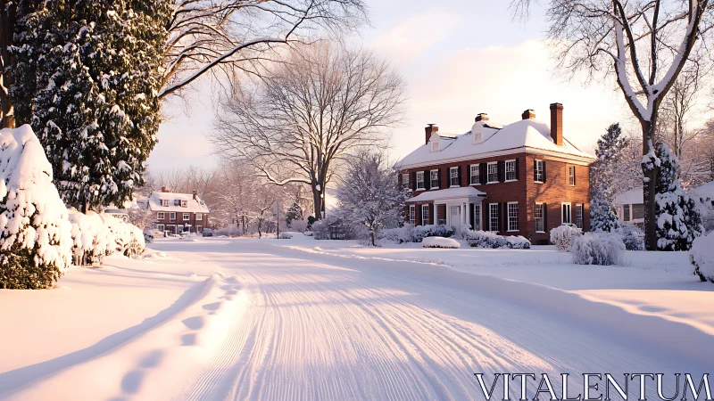 Snow covered suburban street with brick houses at sunrise.