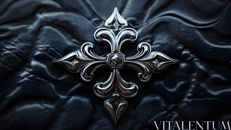 Ornate silver fleur-de-lis cross on dark textured leather background.