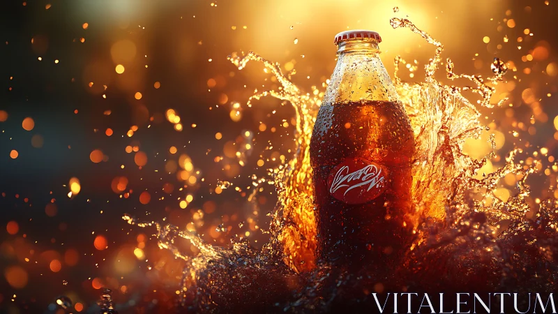 Cola bottle amid explosive splash with golden bokeh light.