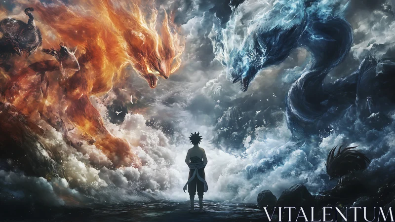 Figure stands between opposing elemental beasts in clouds