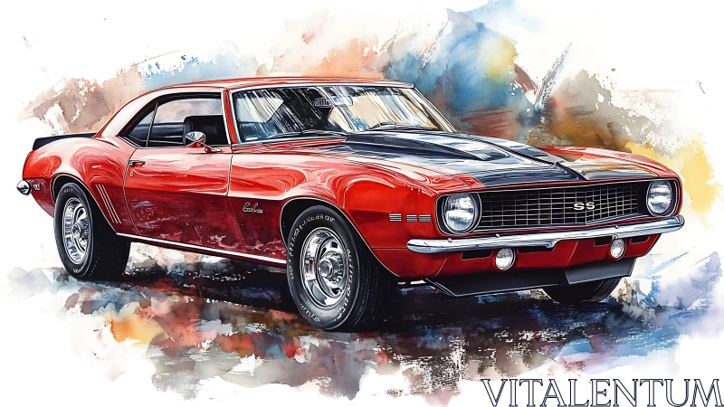 Watercolor-rendered 1969 Camaro SS with reflective chrome detailing
