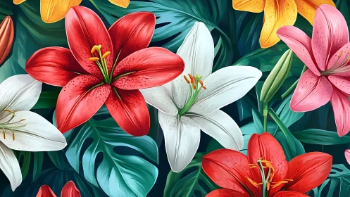 Vibrant Lilies and Tropical Blooms on Dark Green Foliage