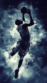 Dynamic digital painting of a leaping basketball dunk silhouette.