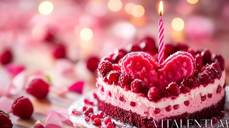 Heart-shaped dessert with berries and lit candle on pink background.