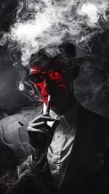 Smoking specter in suit with surreal red neon visage.