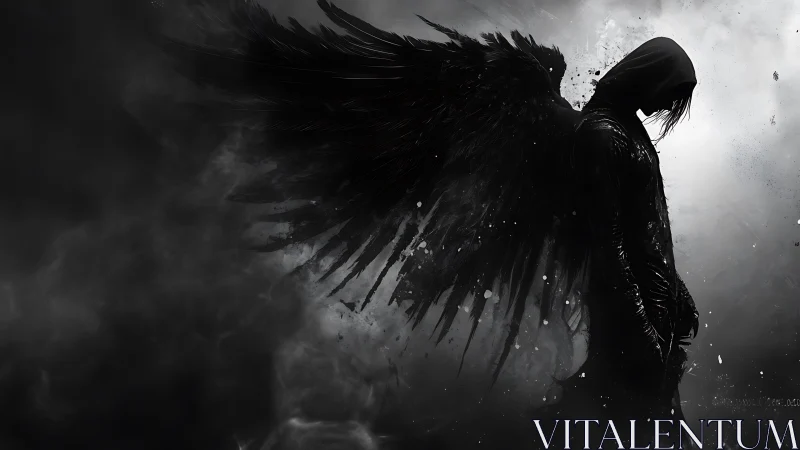 Brooding raven-winged angel bowed in stormy grayscale dusk.