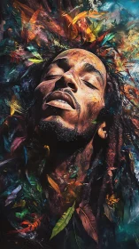 Male portrait with feathers and abstract color field background.