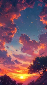 Vertically framed sunset sky with volumetric clouds and bokeh stars
