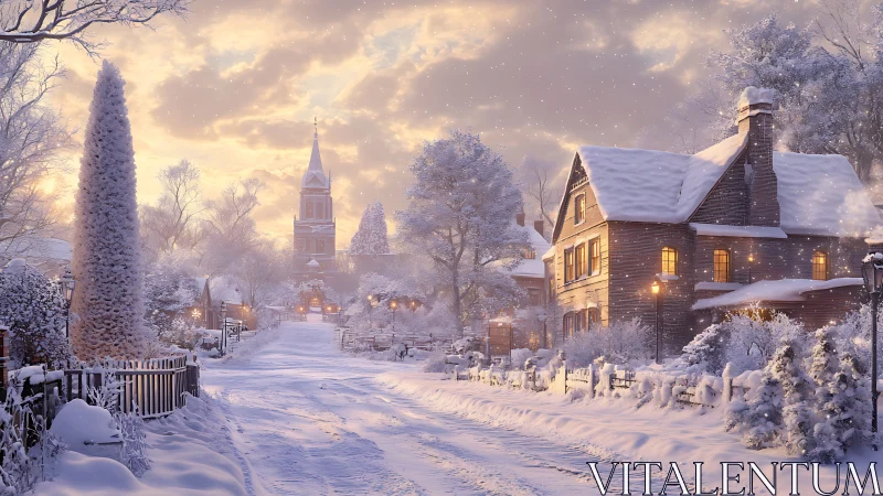 Snow-covered village street with church tower at sunset.