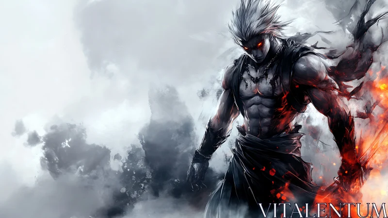 Fury-wreathed warrior emerging through stormed ash clouds.