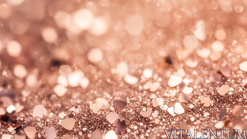 Macro bokeh study of rose-gold glitter hearts on soft ground.