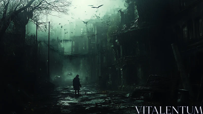 Midnight wanderer crossing a rain soaked abandoned street.