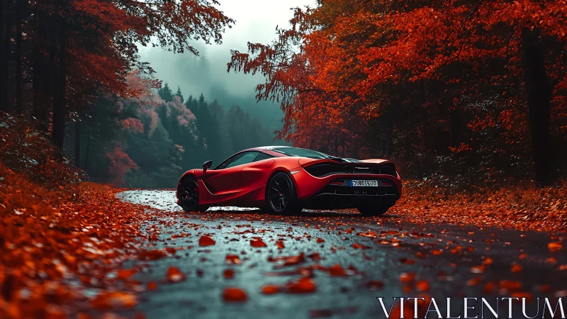 Crimson supercar paused in a quiet tunnel of autumn fire.
