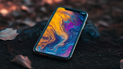 Modern Smartphone with Liquid Abstract Display Wallpaper.